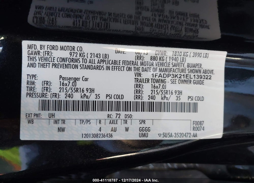 2014 FORD FOCUS VIN: 1FADP3K21EL139322