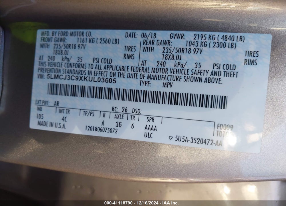 2019 LINCOLN MKC RESERVE VIN: 5LMCJ3C9XKUL03605