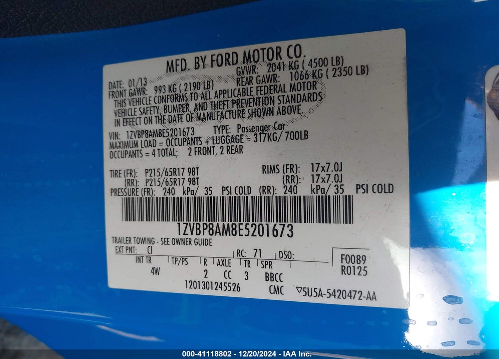2014 FORD MUSTANG VIN: 1ZVBP8AM8E5201673