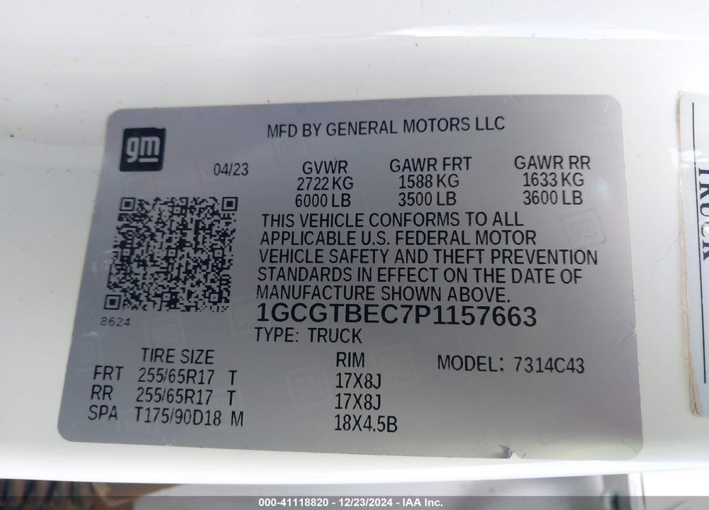 2023 CHEVROLET COLORADO 4WD SHORT BOX WT VIN: 1GCGTBEC7P1157663