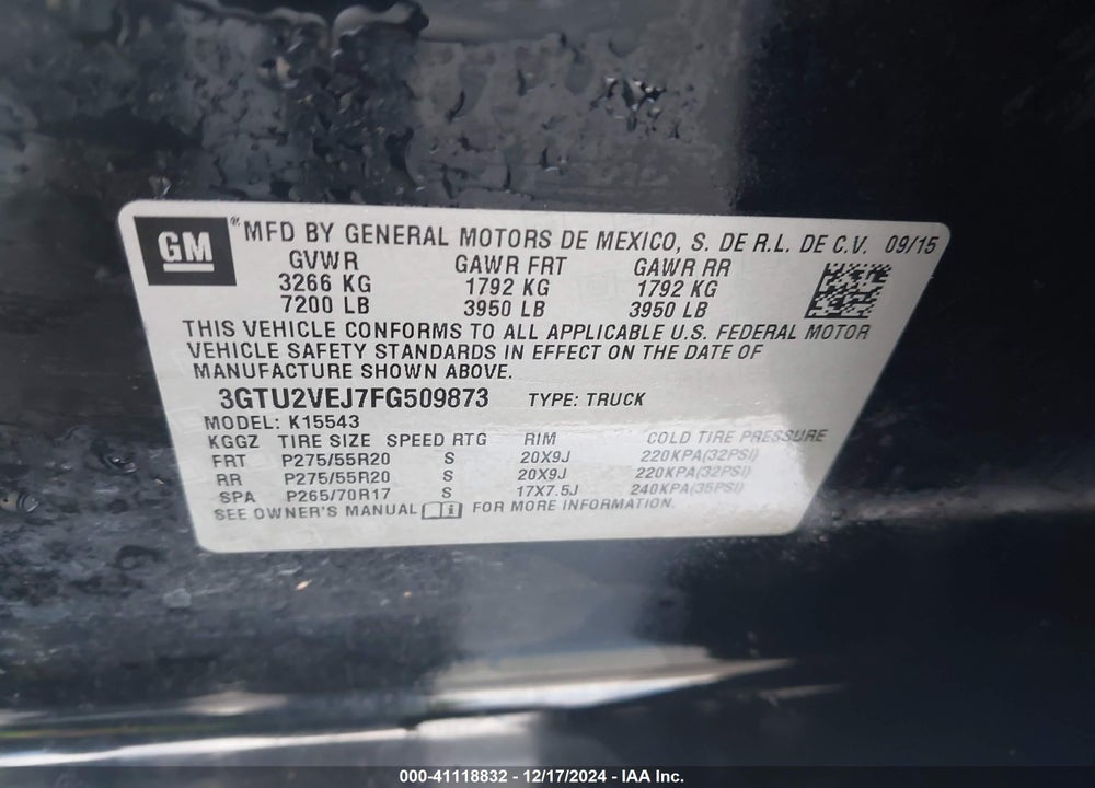 2015 GMC SIERRA 1500 SLT VIN: 3GTU2VEJ7FG509873