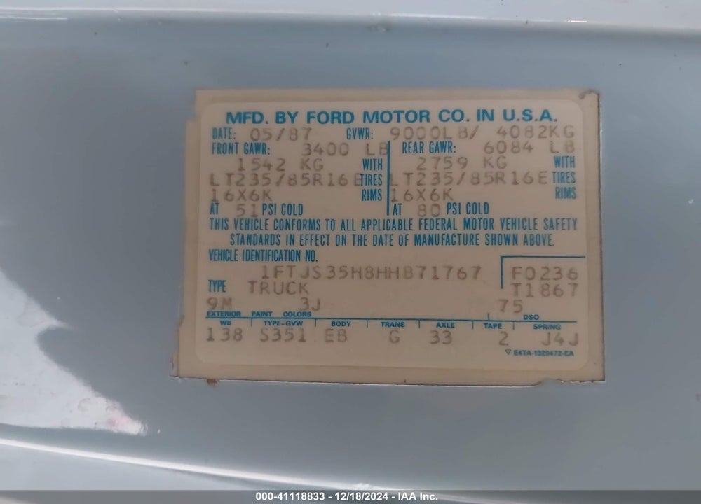 1987 FORD ECONOLINE E350 SUPER DUTY VAN VIN: 1FTJS35H8HHB71767