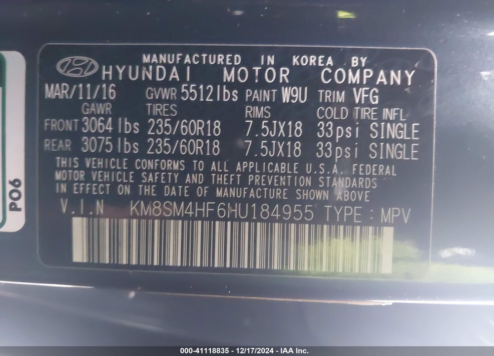 2017 HYUNDAI SANTA FE SE VIN: KM8SM4HF6HU184955