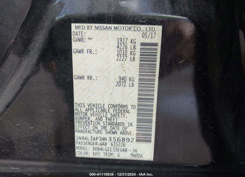 2017 NISSAN ALTIMA 2.5 S VIN: 1N4AL3AP3HN356892