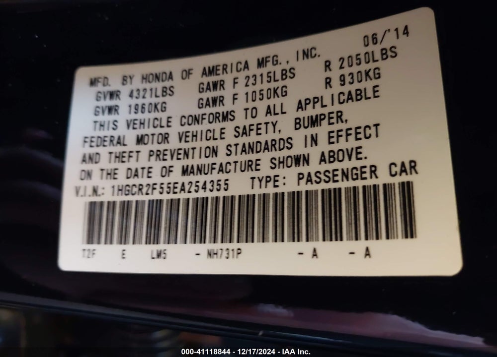 2014 HONDA ACCORD SPORT VIN: 1HGCR2F55EA254355