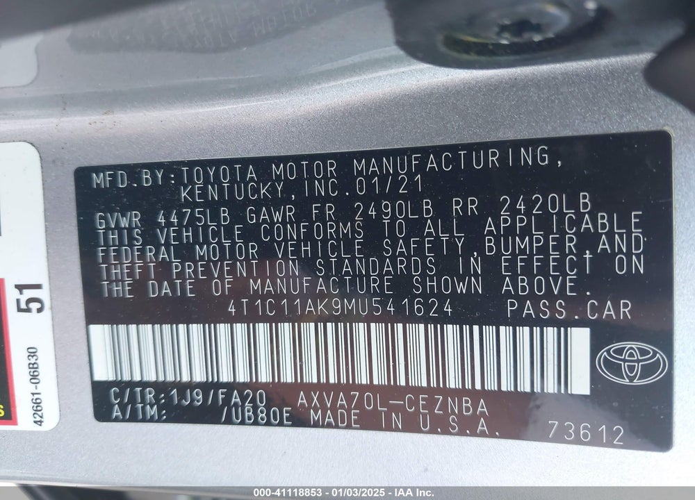2021 TOYOTA CAMRY LE VIN: 4T1C11AK9MU541624