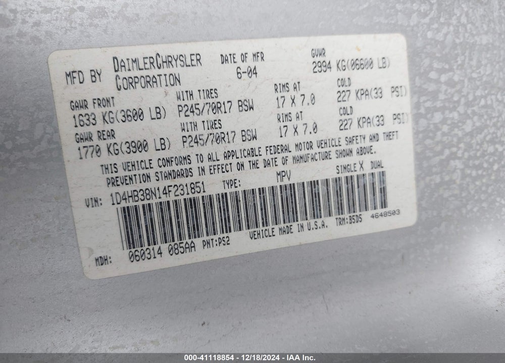 2004 DODGE DURANGO ST VIN: 1D4HB38N14F231851