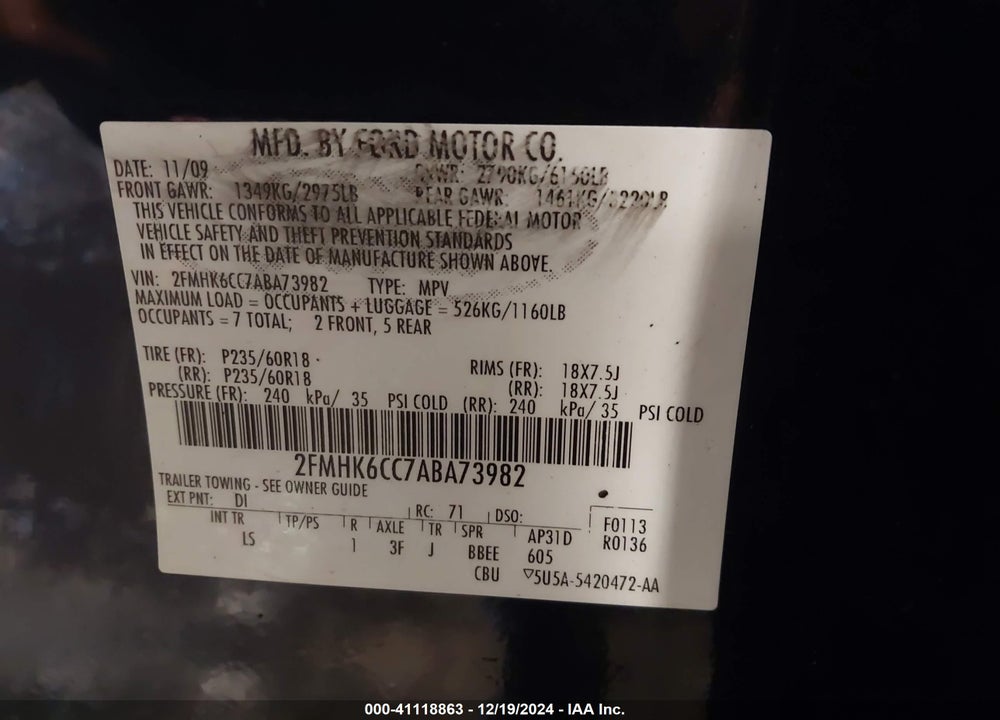 2010 FORD FLEX SEL VIN: 2FMHK6CC7ABA73982