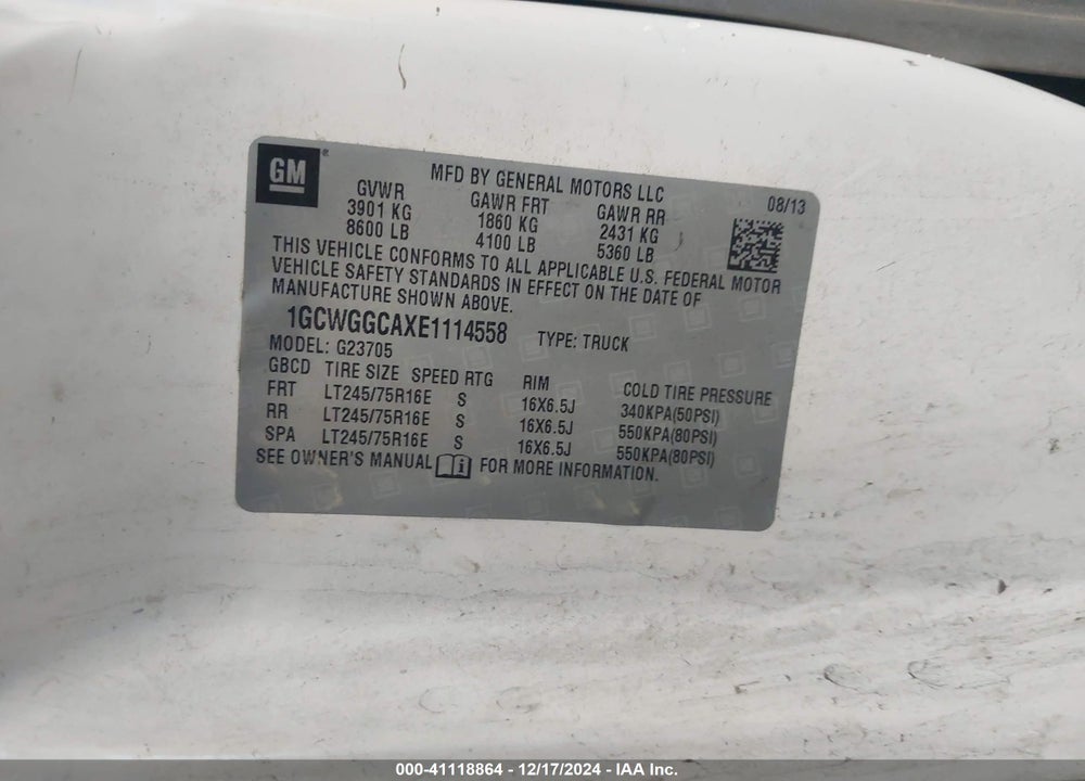 2014 CHEVROLET EXPRESS 2500 WORK VAN VIN: 1GCWGGCAXE1114558