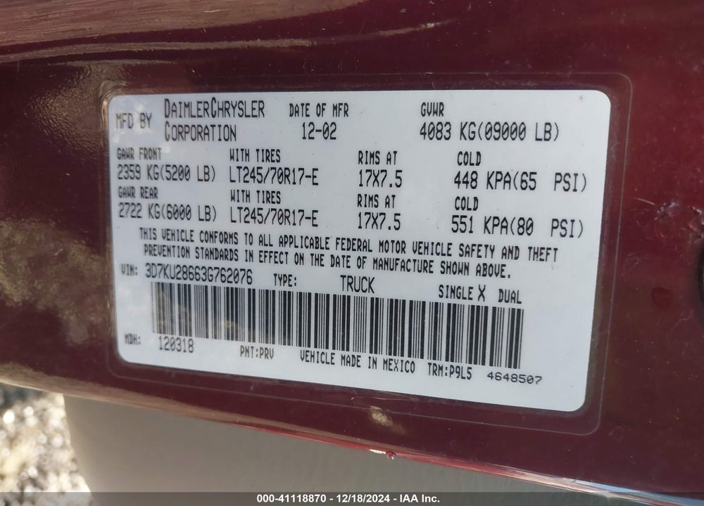 2003 DODGE RAM 2500 SLT/LARAMIE/ST VIN: 3D7KU28663G762076