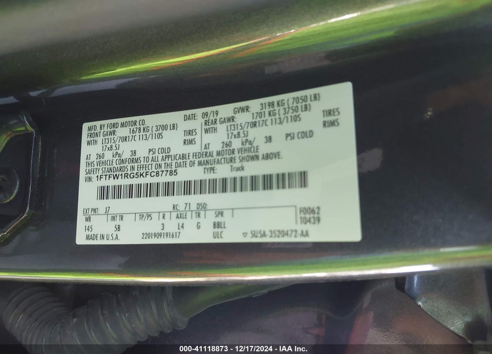 2019 FORD F-150 RAPTOR VIN: 1FTFW1RG5KFC87785