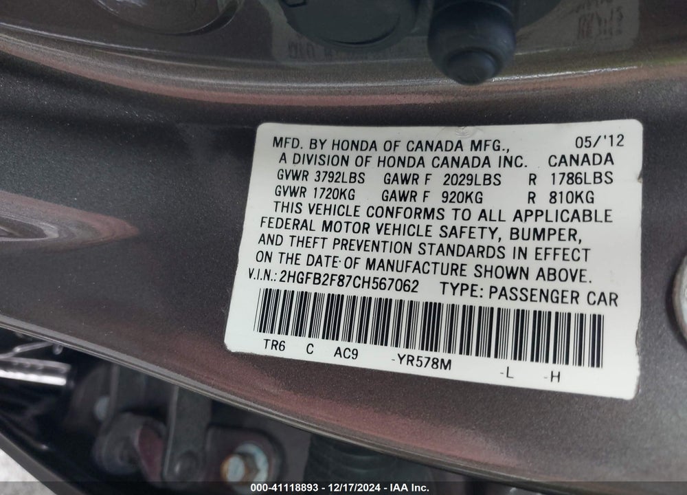 2012 HONDA CIVIC EX VIN: 2HGFB2F87CH567062