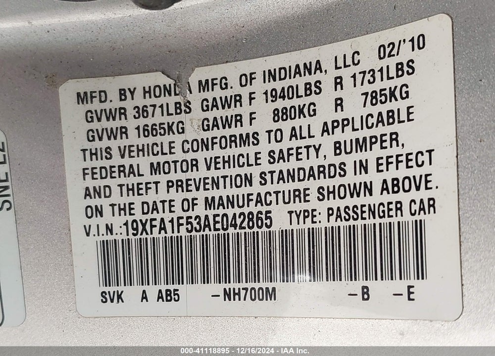 2010 HONDA CIVIC LX VIN: 19XFA1F53AE042865