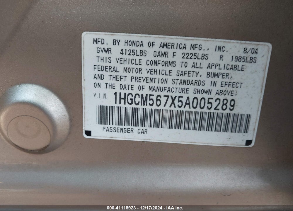 2005 HONDA ACCORD 2.4 EX VIN: 1HGCM567X5A005289