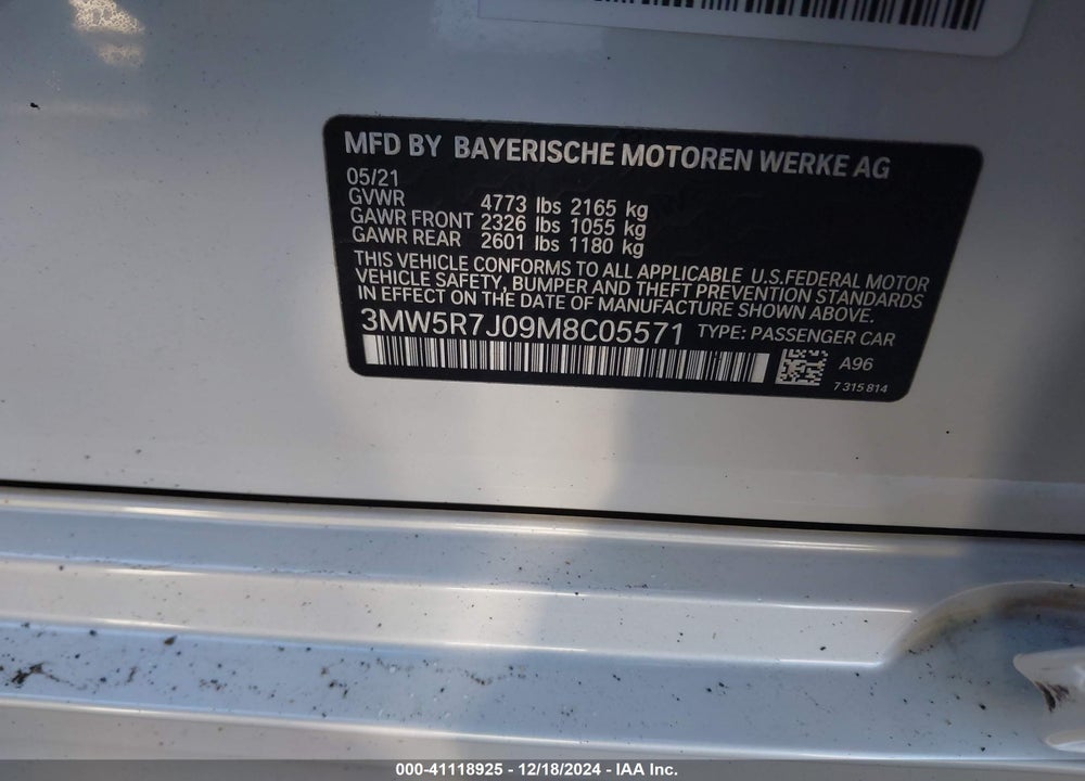 2021 BMW 330I XDRIVE VIN: 3MW5R7J09M8C05571