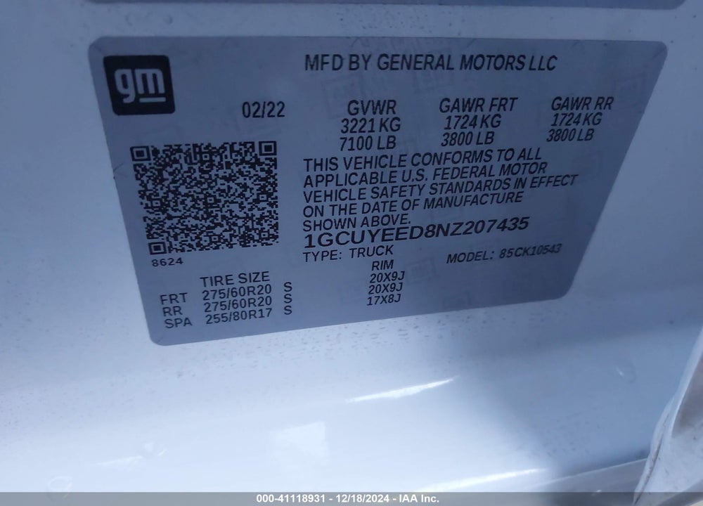 2022 CHEVROLET SILVERADO 1500 LTD VIN: 1GCUYEED8NZ207435