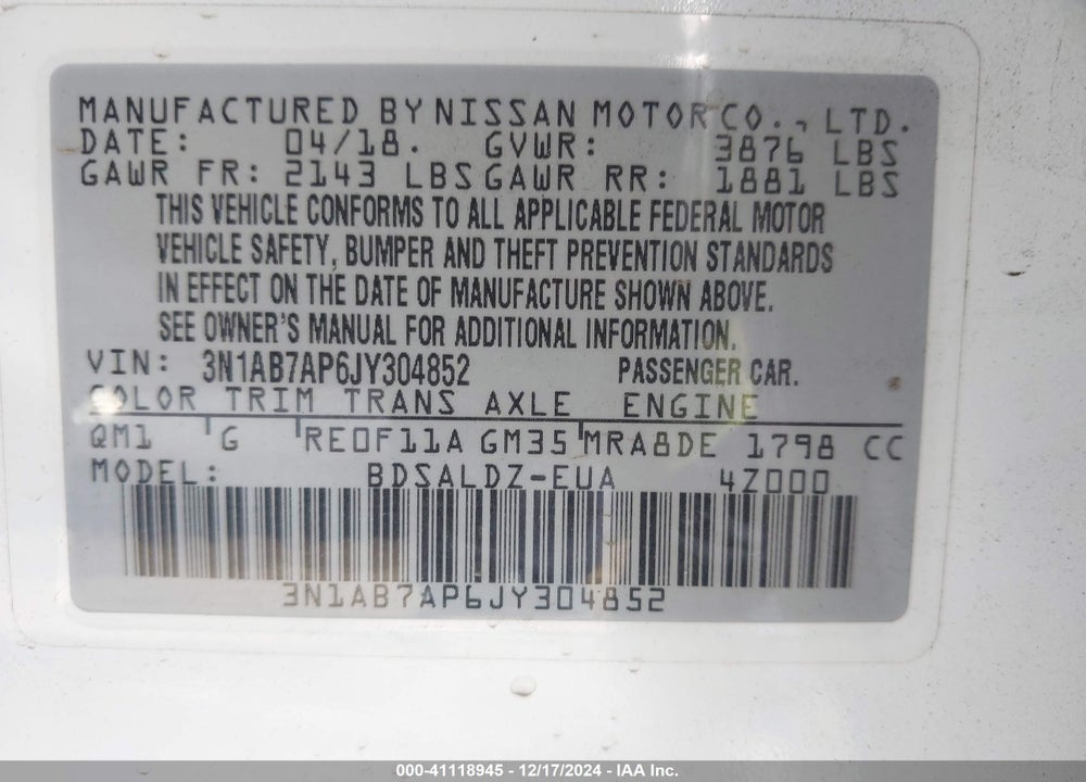 2018 NISSAN SENTRA SV VIN: 3N1AB7AP6JY304852