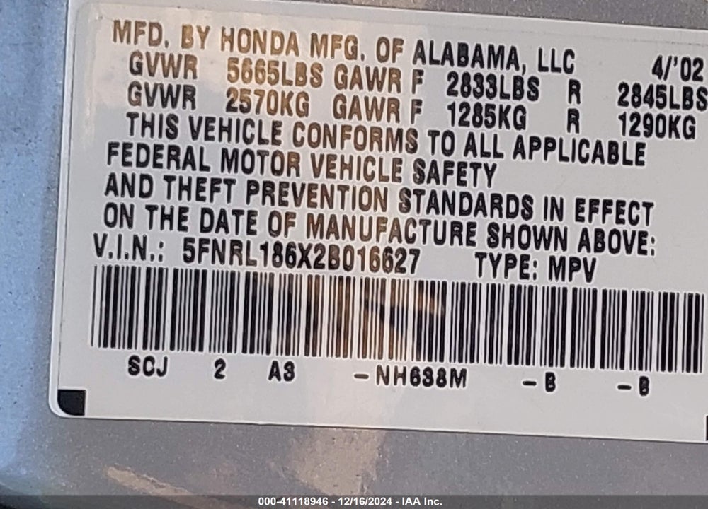 2002 HONDA ODYSSEY EX VIN: 5FNRL186X2B016627