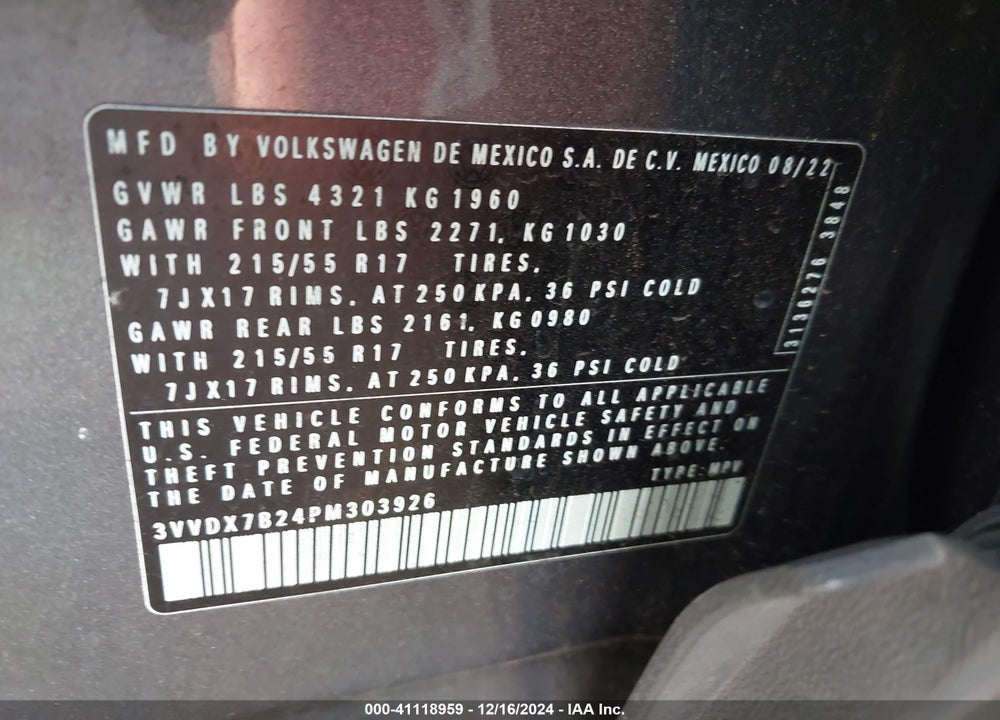 2023 VOLKSWAGEN TAOS VIN: 3VVDX7B24PM303926