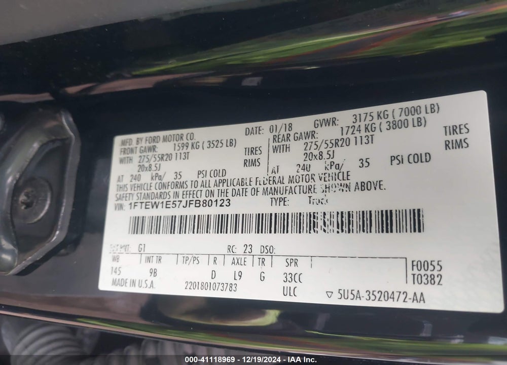 2018 FORD F-150 PLATINUM VIN: 1FTEW1E57JFB80123