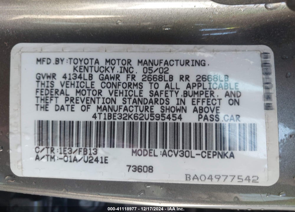 2002 TOYOTA CAMRY LE VIN: 4T1BE32K62U595454
