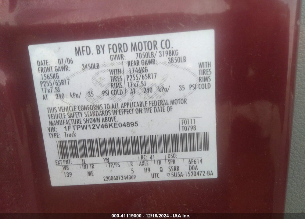 2006 FORD F-150 LARIAT/XLT VIN: 1FTPW12V46KE04895