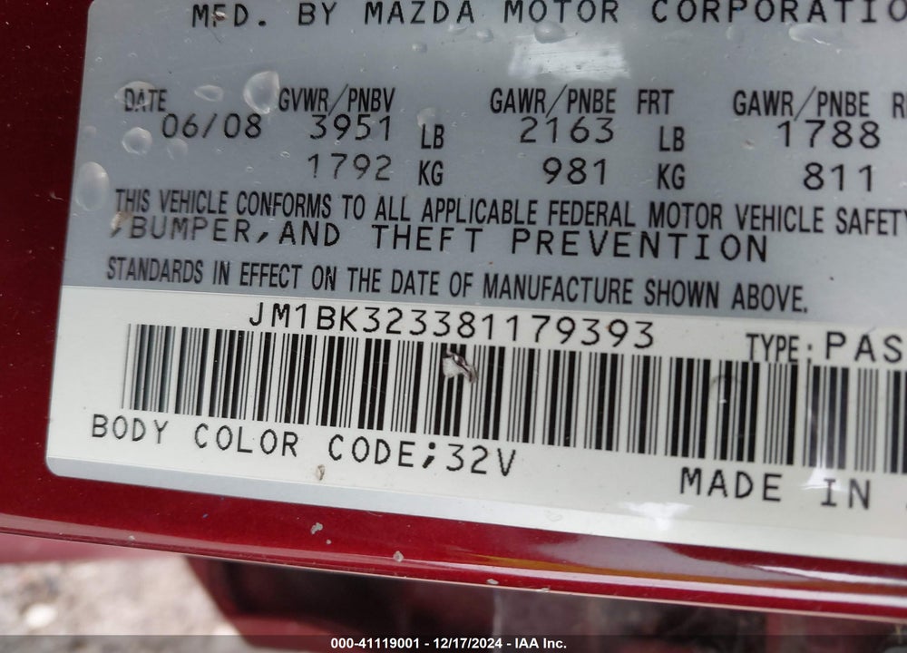 2008 MAZDA 3 S GRAND TOURING VIN: JM1BK323381179393
