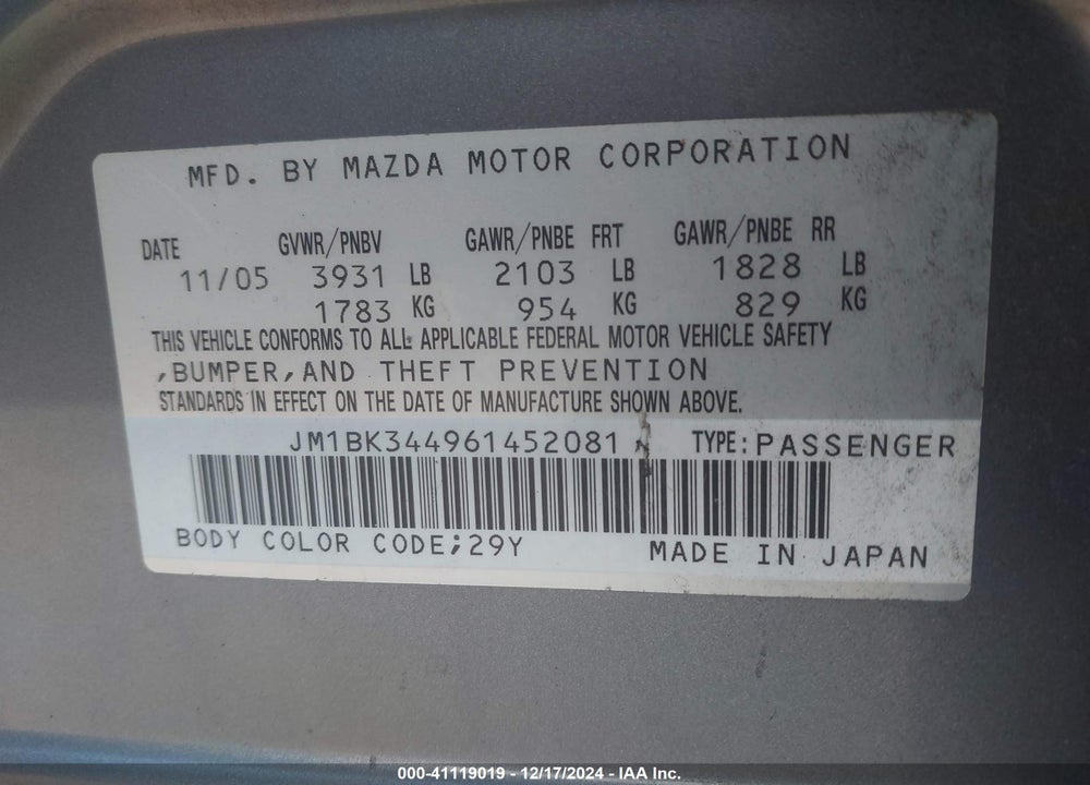 2006 MAZDA 3 S TOURING VIN: JM1BK344961452081