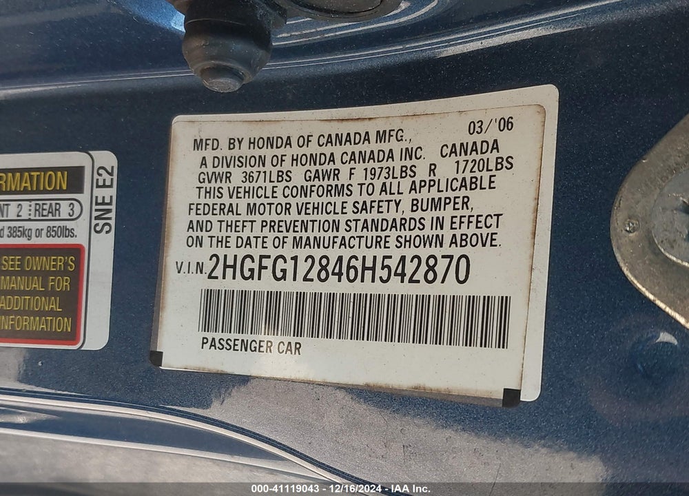 2006 HONDA CIVIC EX VIN: 2HGFG12846H542870