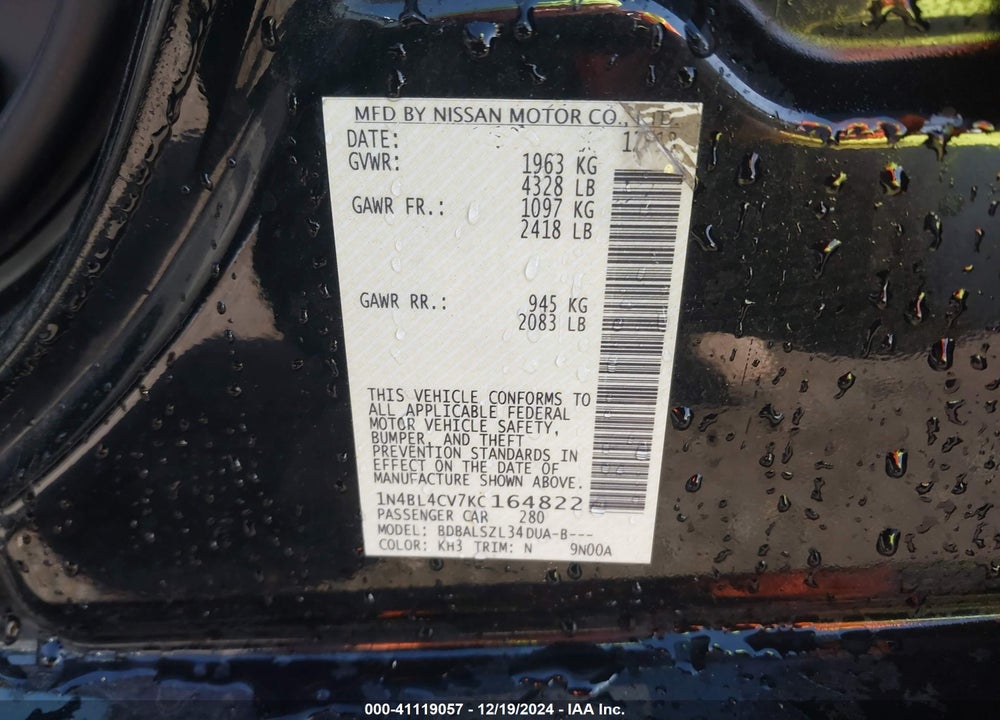 2019 NISSAN ALTIMA 2.5 SR VIN: 1N4BL4CV7KC164822