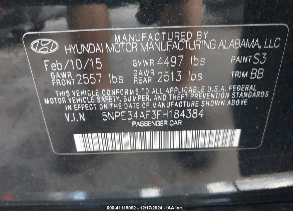 2015 HYUNDAI SONATA LIMITED VIN: 5NPE34AF3FH184384