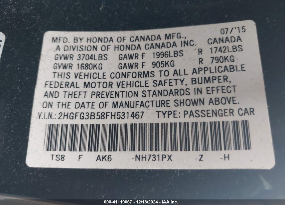 2015 HONDA CIVIC VIN: 2HGFG3B58FH531467