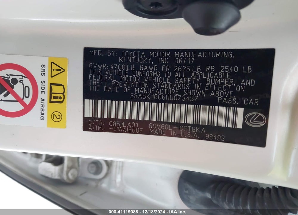 2017 LEXUS ES 350 VIN: 58ABK1GG6HU073457