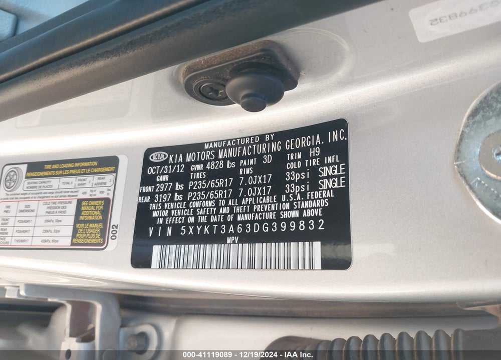2013 KIA SORENTO LX VIN: 5XYKT3A63DG399832