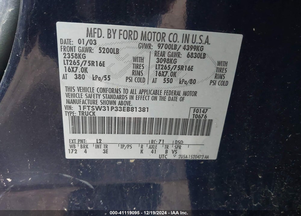 2003 FORD F-350 LARIAT/XL/XLT VIN: 1FTSW31P33EB81381