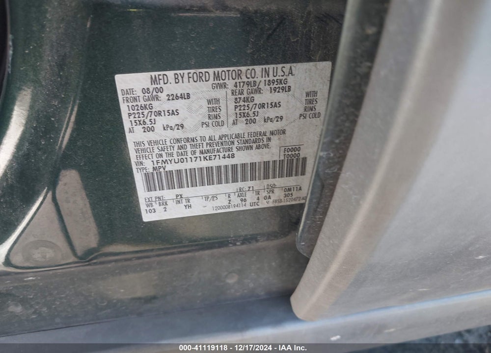2001 FORD ESCAPE XLS VIN: 1FMYU01171KE71448