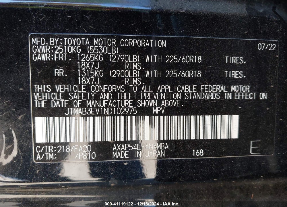 2022 TOYOTA RAV4 PRIME SE VIN: JTMAB3FV1ND102975