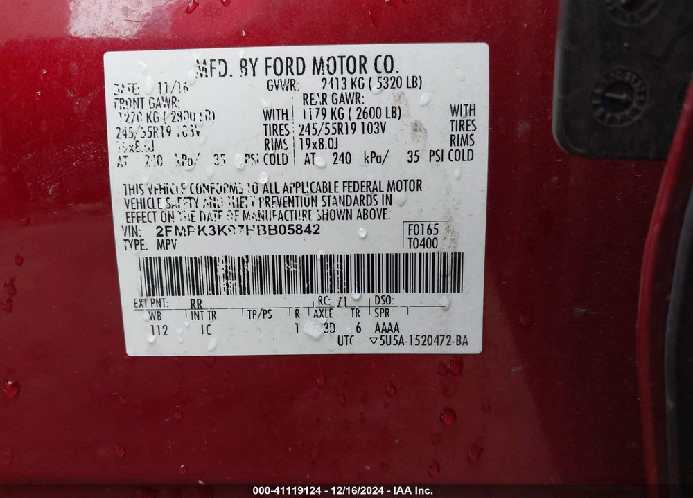 2017 FORD EDGE TITANIUM VIN: 2FMPK3K97HBB05842
