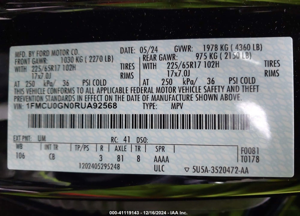 2024 FORD ESCAPE ACTIVE VIN: 1FMCU0GN0RUA92568