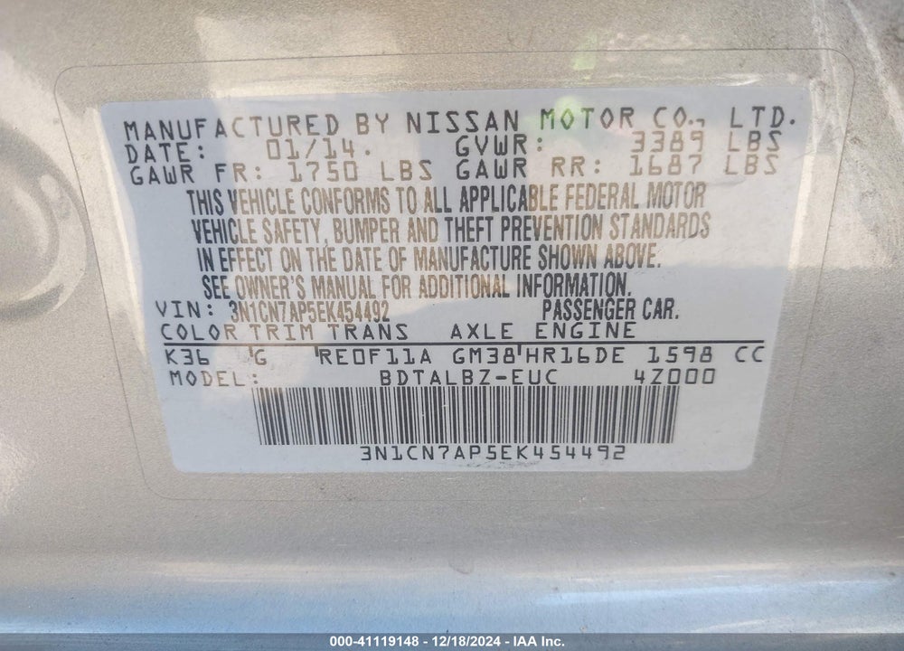 2014 NISSAN VERSA 1.6 SV VIN: 3N1CN7AP5EK454492