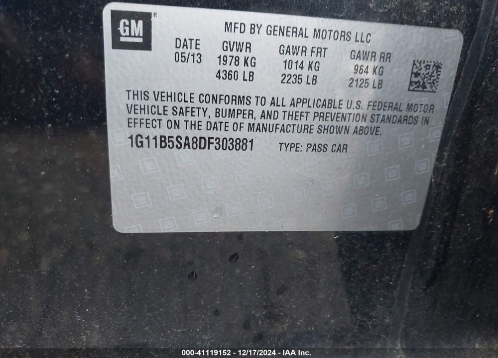 2013 CHEVROLET MALIBU VIN: 1G11B5SA8DF303881