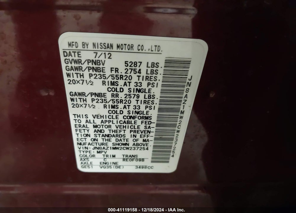 2012 NISSAN MURANO LE VIN: JN8AZ1MW2CW237254
