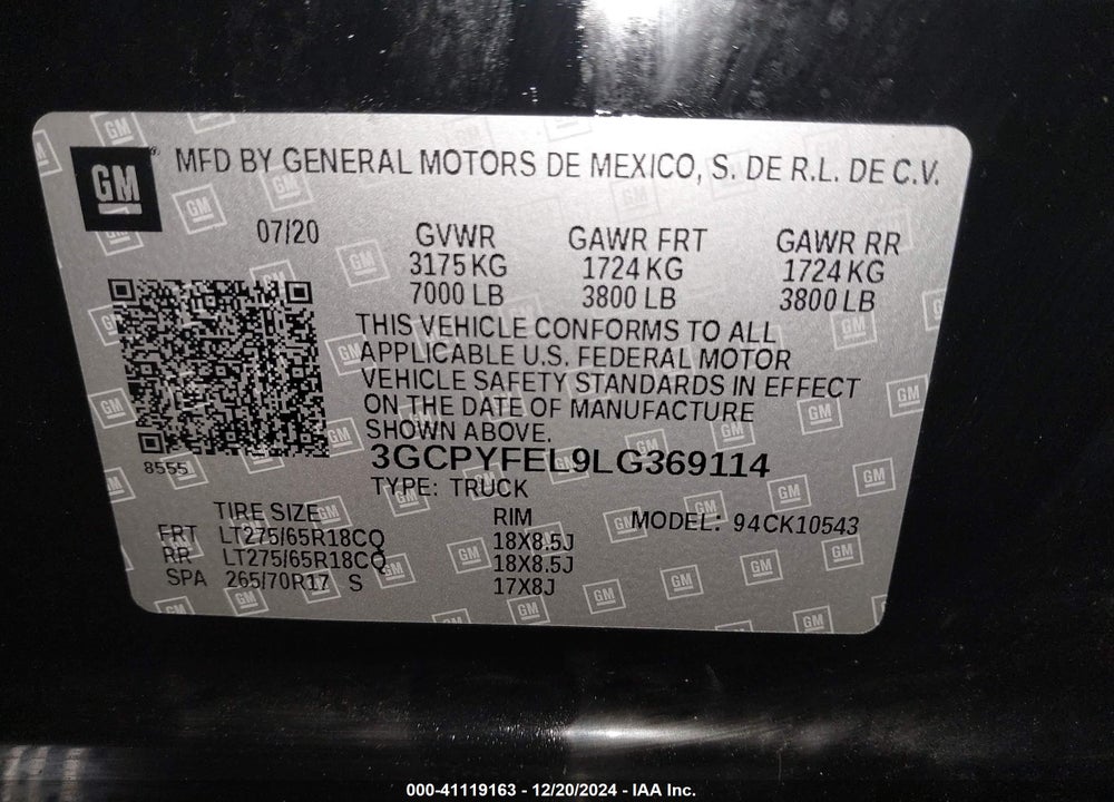 2020 CHEVROLET SILVERADO 1500 4WD SHORT BED LT TRAIL BOSS VIN: 3GCPYFEL9LG369114