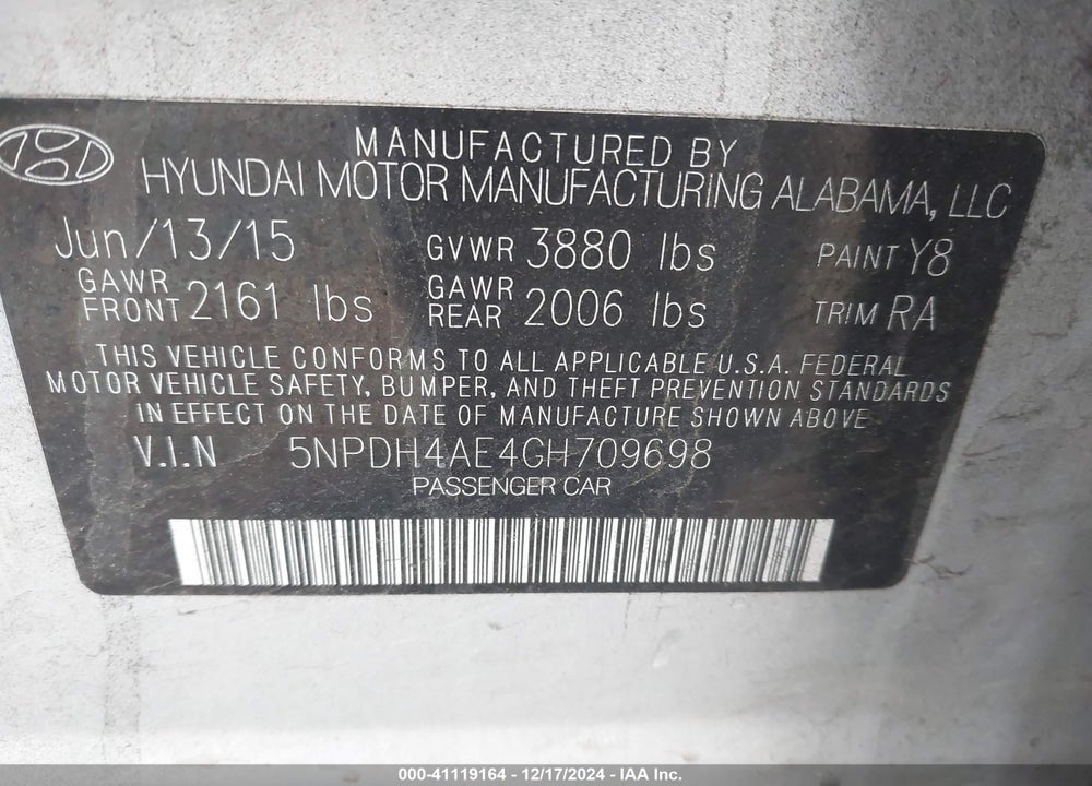 2016 HYUNDAI ELANTRA SE VIN: 5NPDH4AE4GH709698