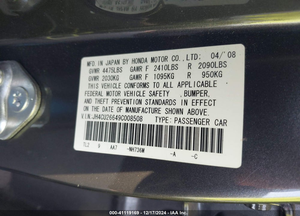 2009 ACURA TSX VIN: JH4CU26649C008508