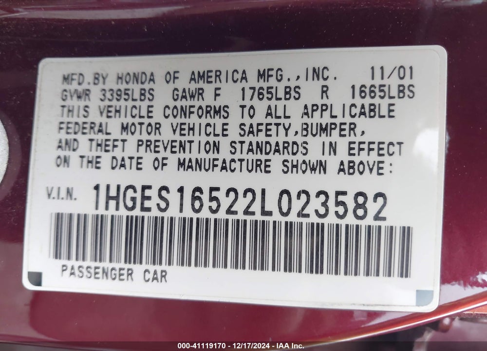 2002 HONDA CIVIC LX VIN: 1HGES16522L023582