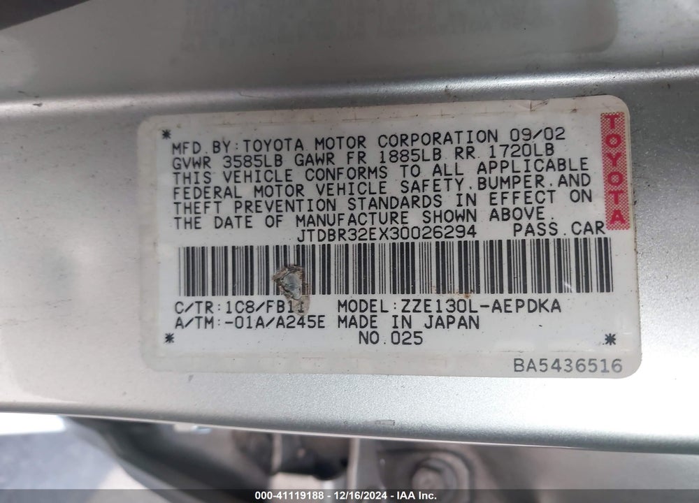 2003 TOYOTA COROLLA CE VIN: JTDBR32EX30026294