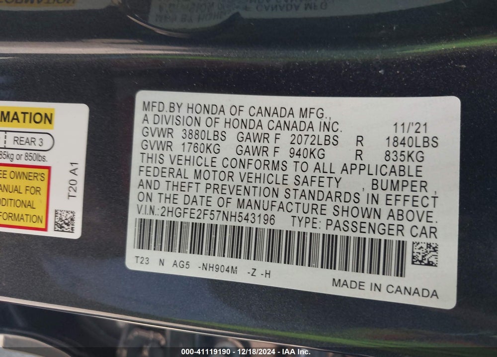 2022 HONDA CIVIC VIN: 2HGFE2F57NH543196