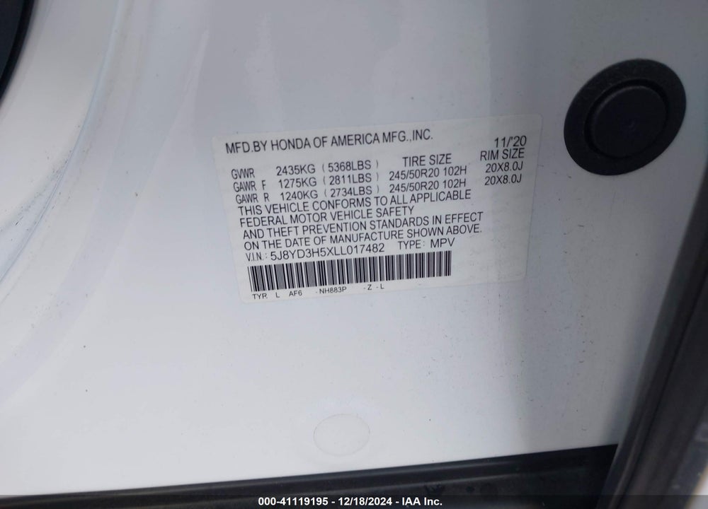 2020 ACURA MDX TECHNOLOGY PACKAGE VIN: 5J8YD3H5XLL017482