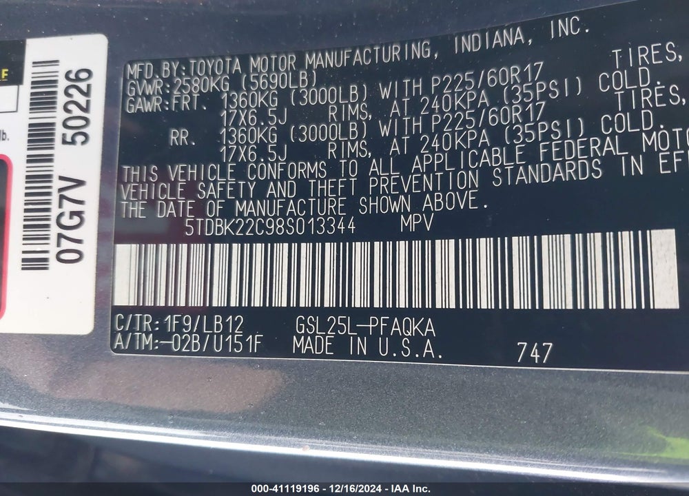 2008 TOYOTA SIENNA XLE VIN: 5TDBK22C98S013344